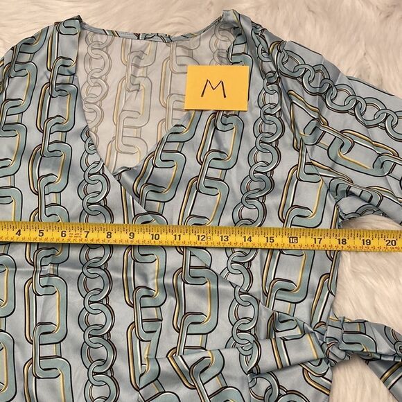 Xi Xi Women Asymmetric V Neck Blue Chain Print Long Sleeve Blouse Size M - Picture 8 of 10